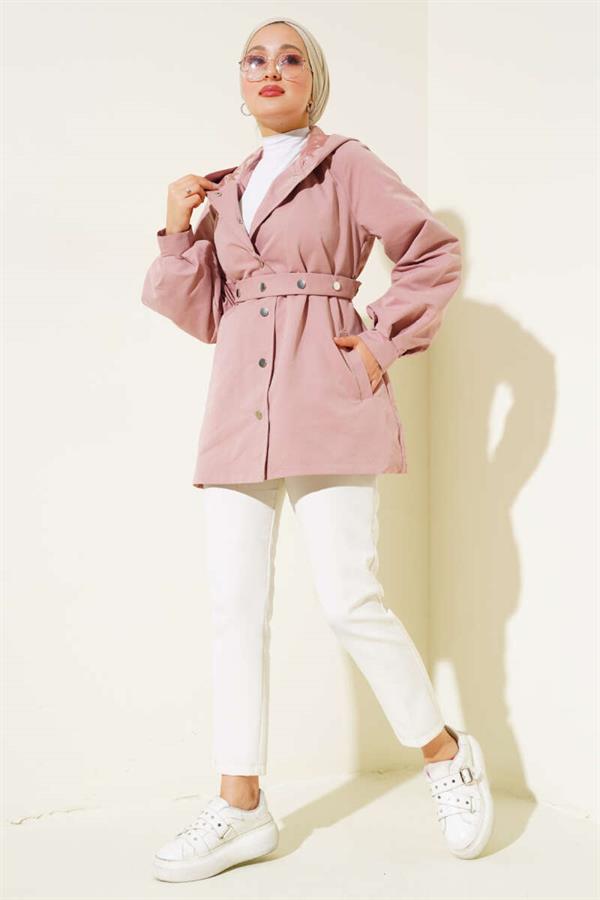 Hooded Snap Short Trench Coat Powder