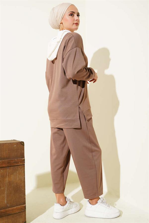 Hooded Garnished 2 Piece Set Mink