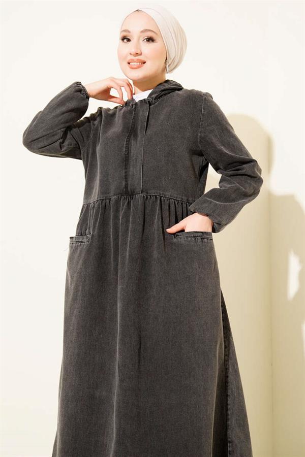 Hooded Half-Zip Denim Dress, Dark Gray