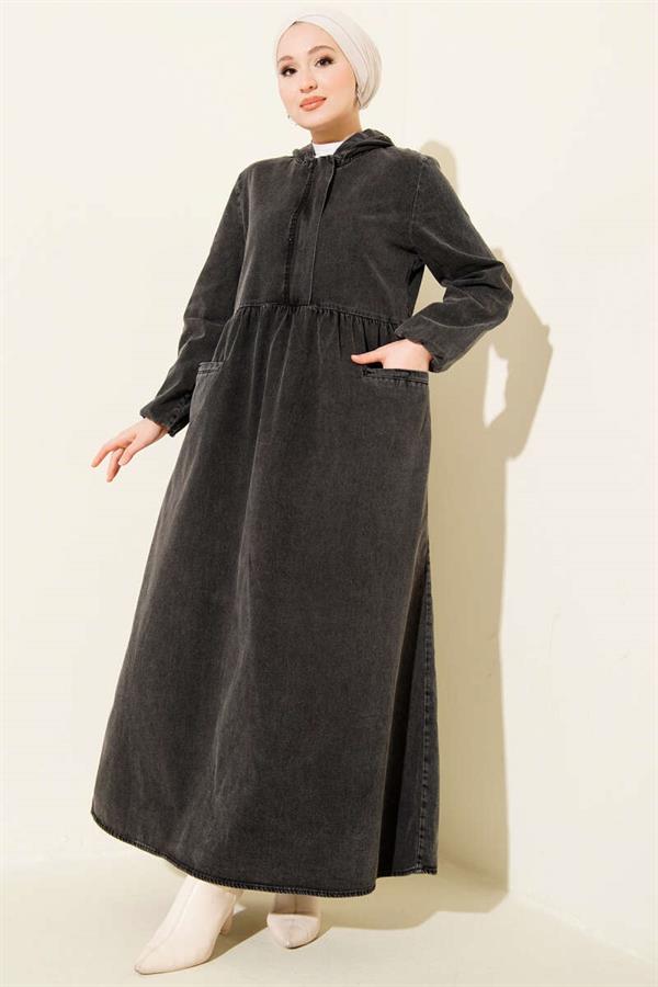 Hooded Half-Zip Denim Dress, Dark Gray