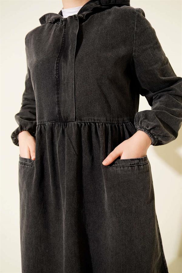 Hooded Half-Zip Denim Dress, Dark Gray
