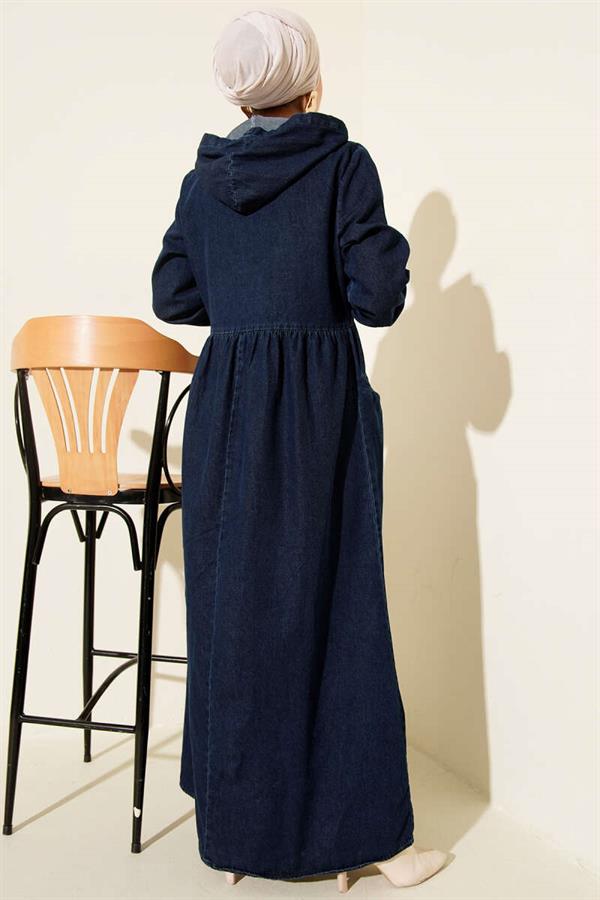 Navy Blue Hooded Half-Zip Denim Dress