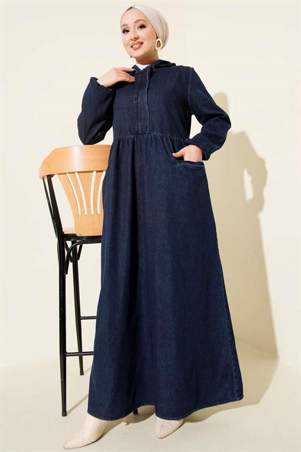 Navy Blue Hooded Half-Zip Denim Dress