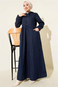 Navy Blue Hooded Half-Zip Denim Dress
