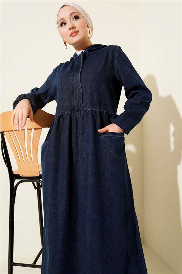 Navy Blue Hooded Half-Zip Denim Dress