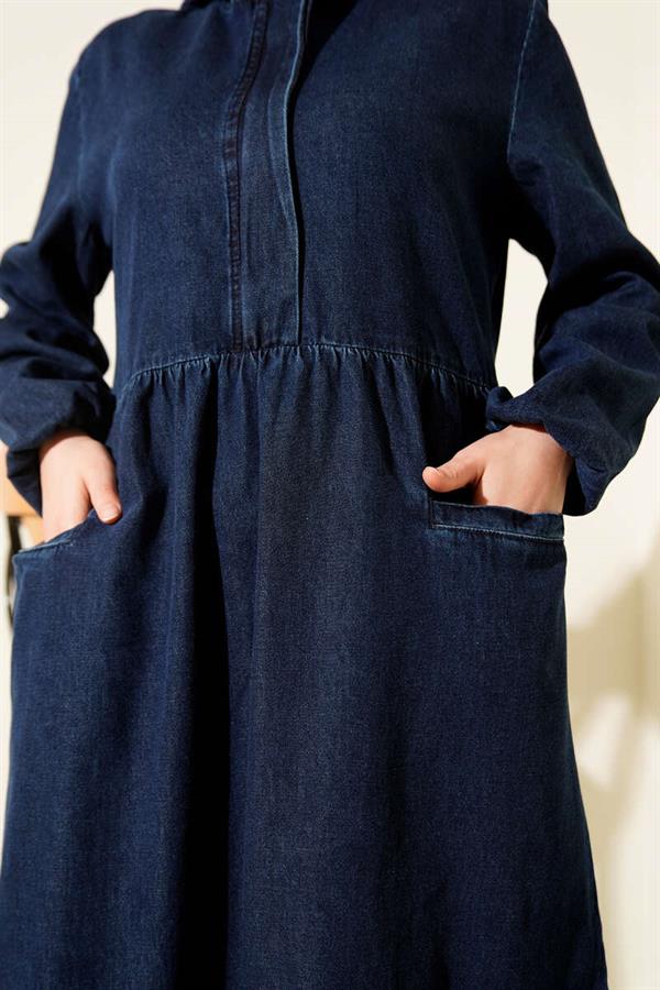 Navy Blue Hooded Half-Zip Denim Dress
