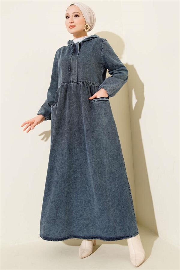Hooded Half-Zip Denim Dress, Blue