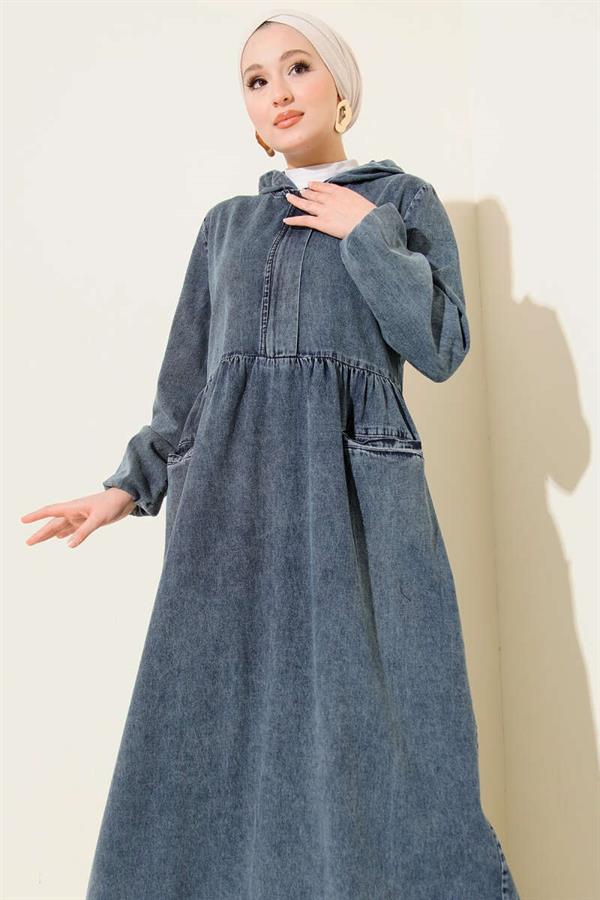 Hooded Half-Zip Denim Dress, Blue