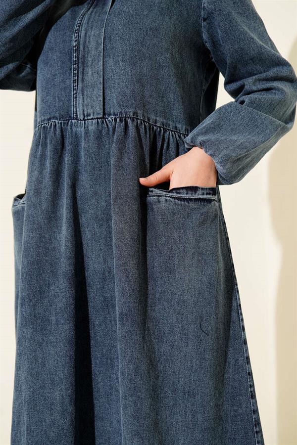 Hooded Half-Zip Denim Dress, Blue