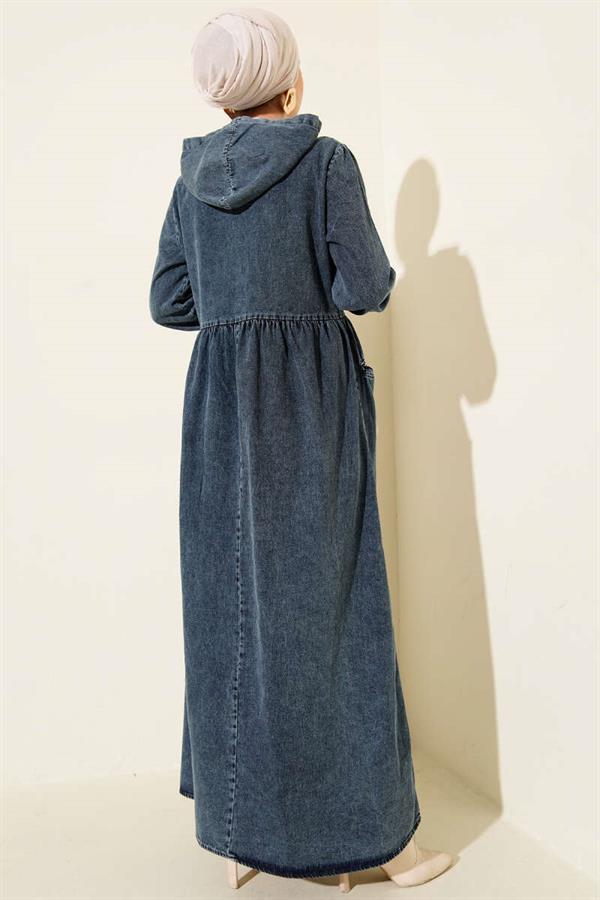 Hooded Half-Zip Denim Dress, Blue