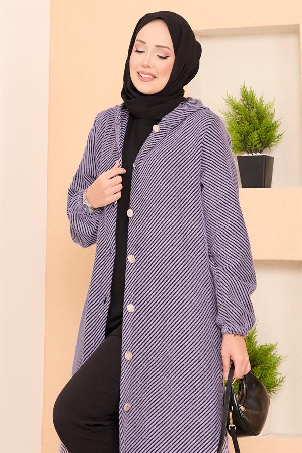 Hood Detailed Herringbone Hijab Cashmere Coat Lilac