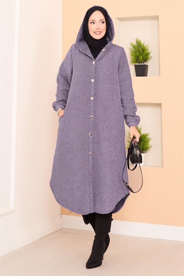 Hood Detailed Herringbone Hijab Cashmere Coat Lilac