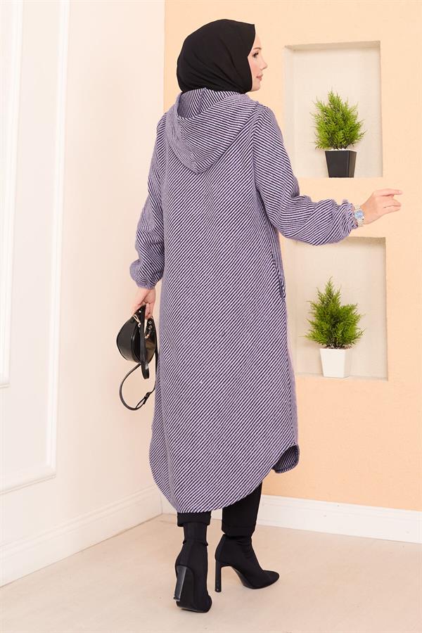 Hood Detailed Herringbone Hijab Cashmere Coat Lilac