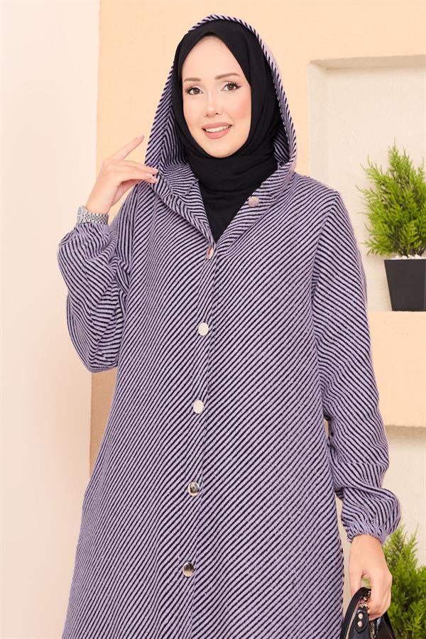 Hood Detailed Herringbone Hijab Cashmere Coat Lilac