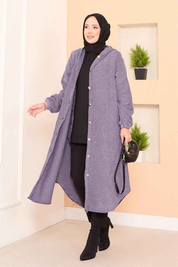 Hood Detailed Herringbone Hijab Cashmere Coat Lilac