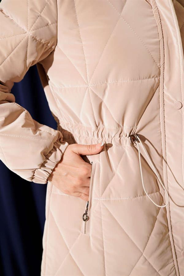 Hooded Baklava Quilted Long Coat Beige