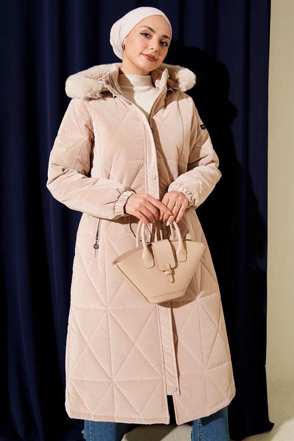 Hooded Baklava Quilted Long Coat Beige