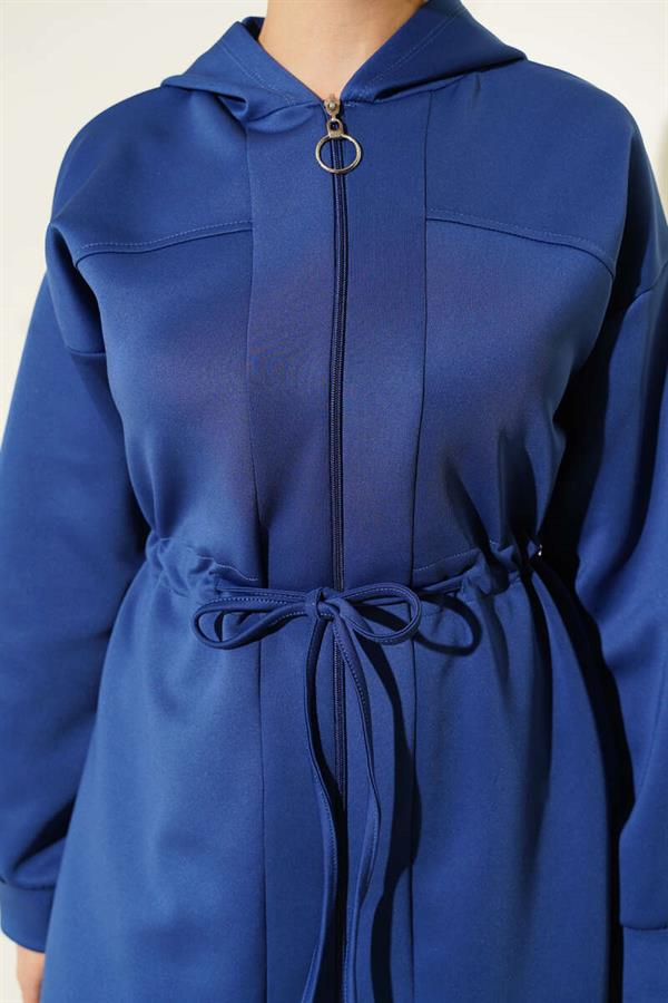 Hooded Waist Tunnel Lace-Up 2 Piece Set Navy Blue