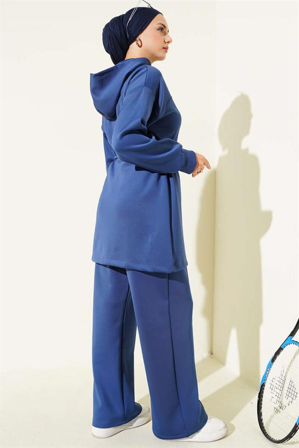 Hooded Waist Tunnel Lace-Up 2 Piece Set Navy Blue