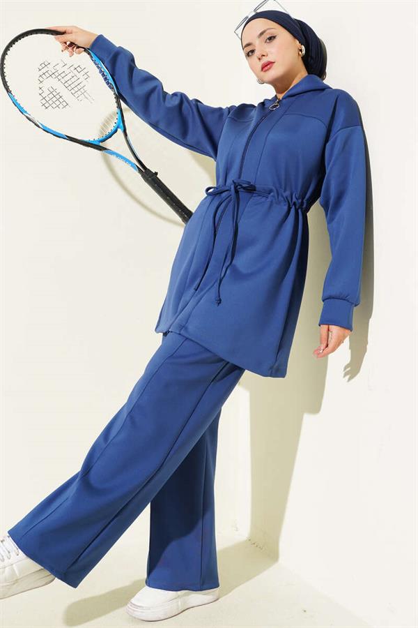 Hooded Waist Tunnel Lace-Up 2 Piece Set Navy Blue