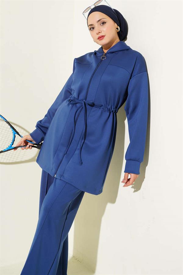 Hooded Waist Tunnel Lace-Up 2 Piece Set Navy Blue