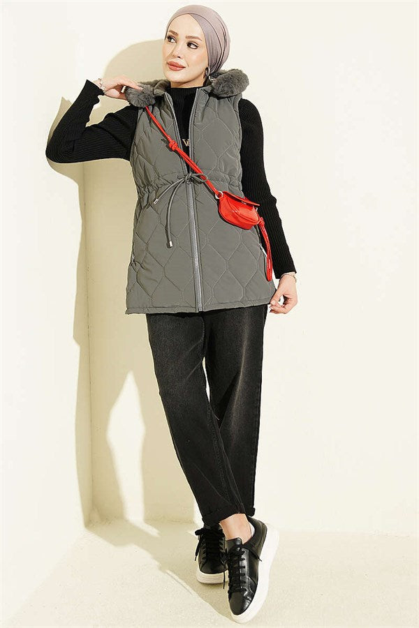 Hooded Vest with Waist Tunnel, Grey