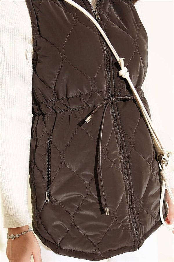 Hooded Vest with Waist Tunnel, Brown