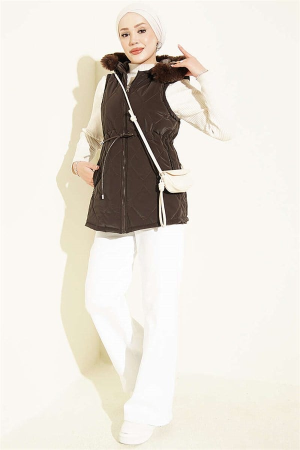 Hooded Vest with Waist Tunnel, Brown