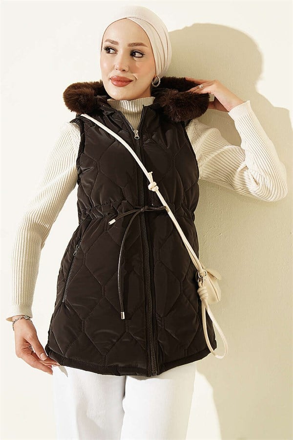 Hooded Vest with Waist Tunnel, Brown