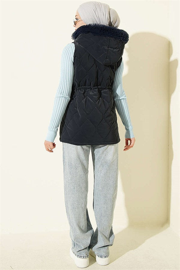 Hooded Vest with Waist Tunnel, Navy Blue