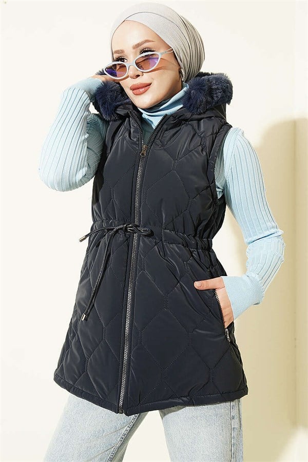 Hooded Vest with Waist Tunnel, Navy Blue