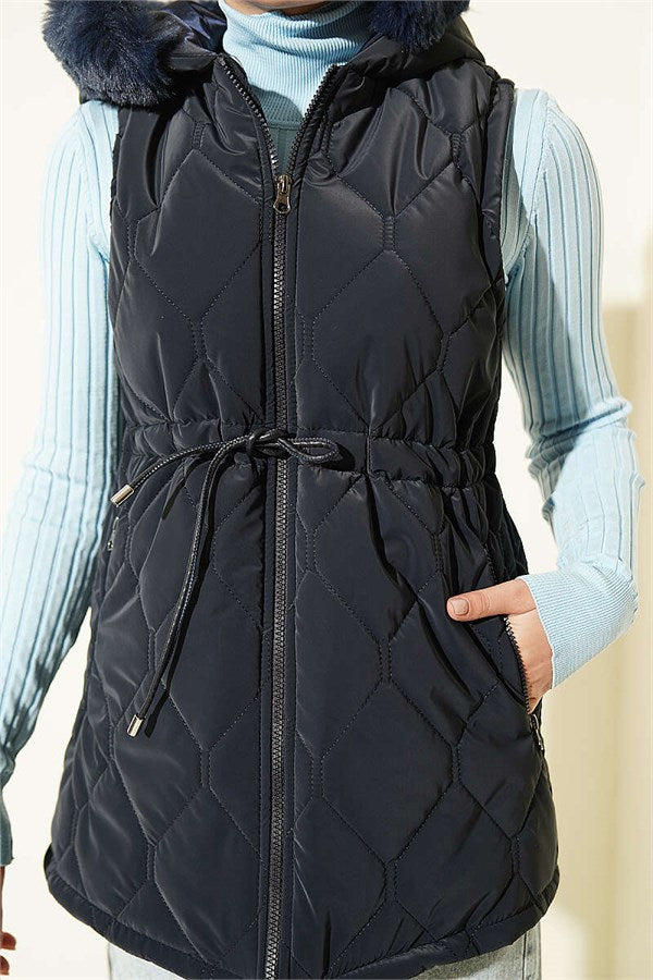 Hooded Vest with Waist Tunnel, Navy Blue