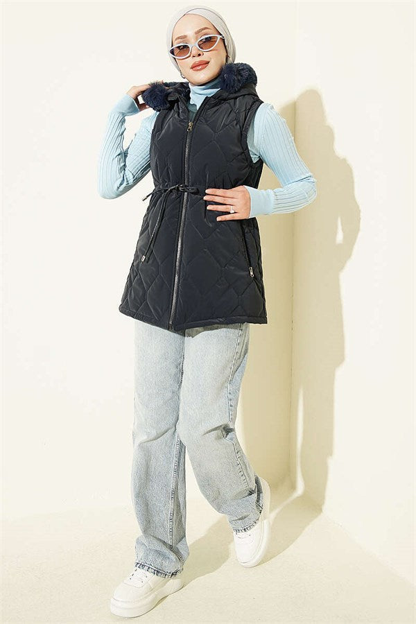 Hooded Vest with Waist Tunnel, Navy Blue