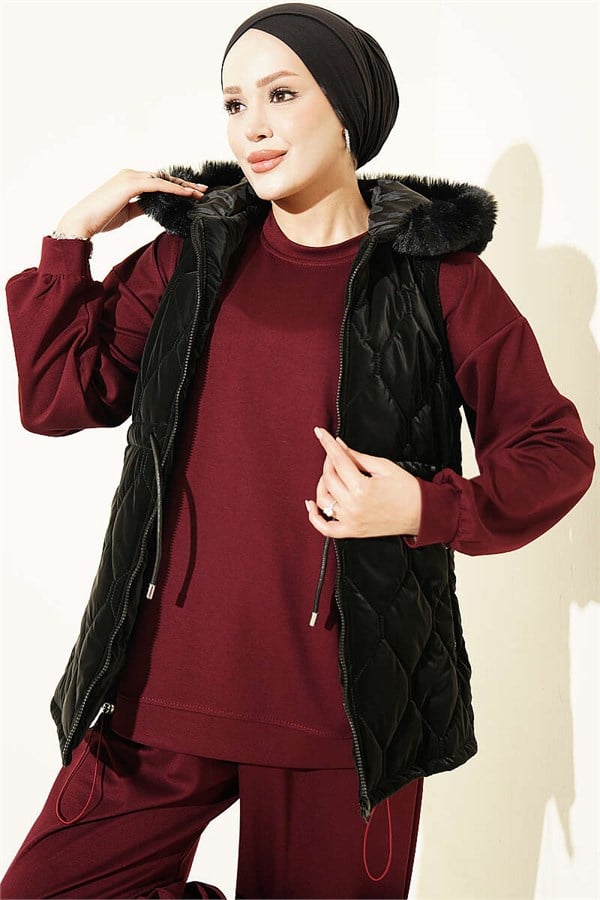 Hooded Vest with Waist Tunnel, Black