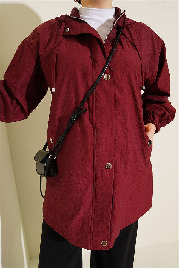 Hooded Jacket with Elasticated Cuffs, Burgundy