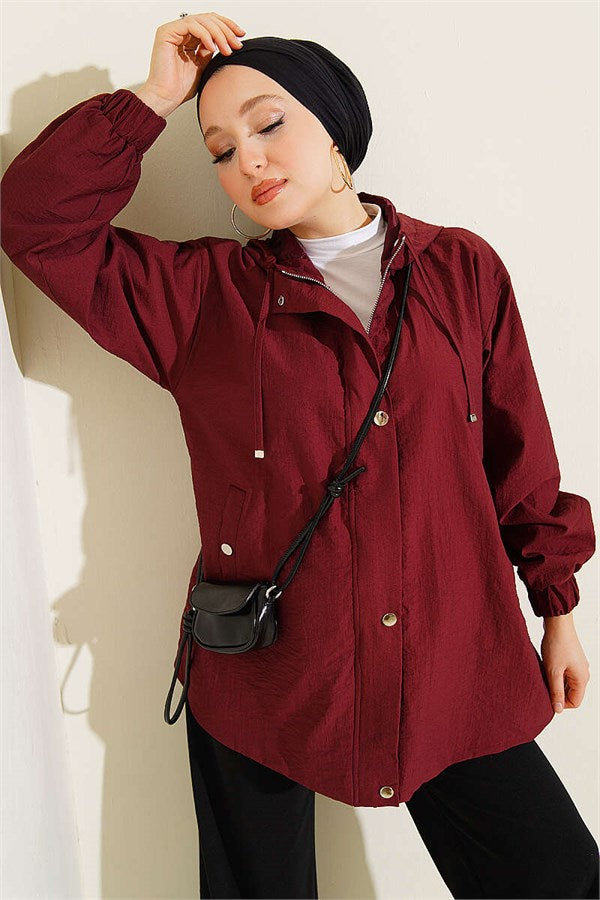 Hooded Jacket with Elasticated Cuffs, Burgundy