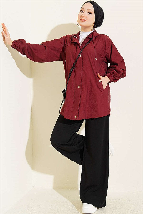 Hooded Jacket with Elasticated Cuffs, Burgundy
