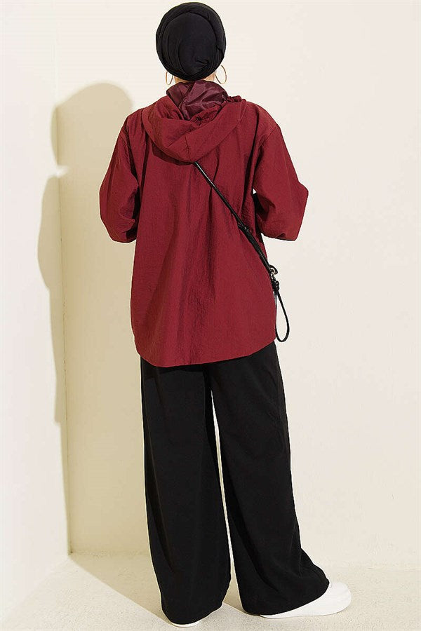 Hooded Jacket with Elasticated Cuffs, Burgundy