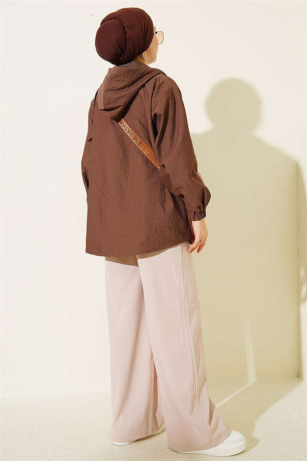 Hooded Jacket with Elasticated Cuffs, Brown