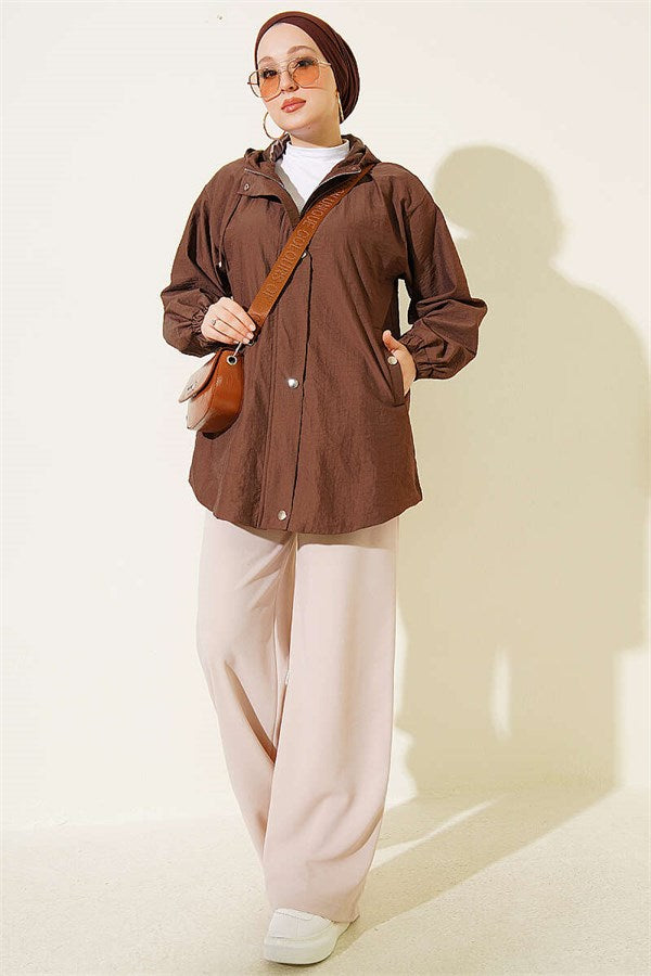 Hooded Jacket with Elasticated Cuffs, Brown