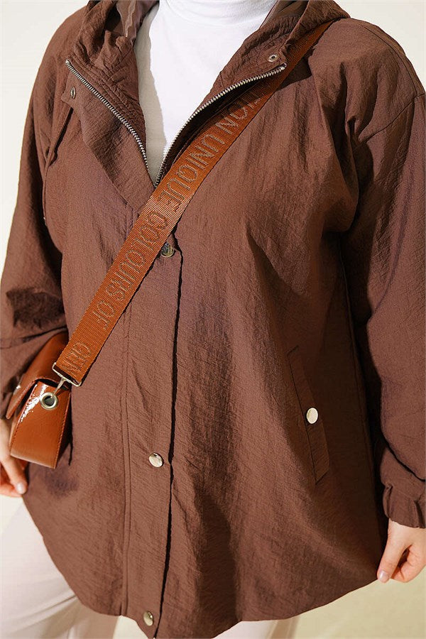Hooded Jacket with Elasticated Cuffs, Brown