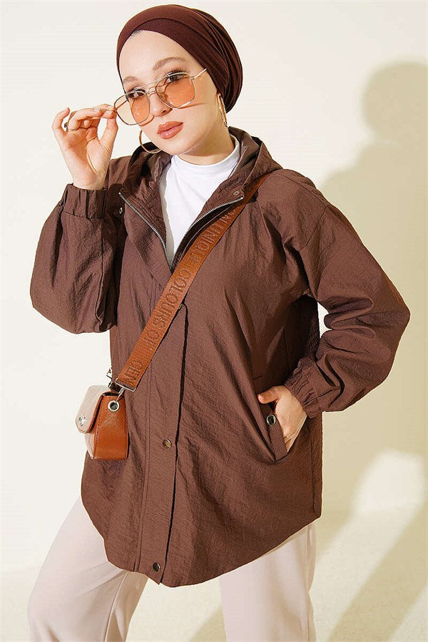 Hooded Jacket with Elasticated Cuffs, Brown