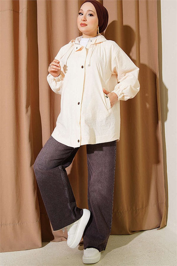 Hooded Jacket with Elasticated Cuffs, Cream