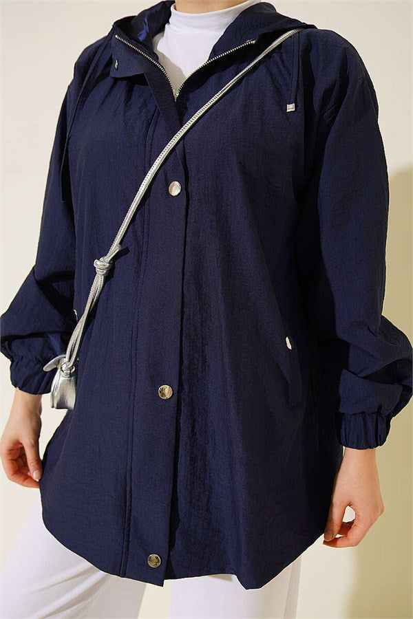 Hooded Jacket with Elasticated Cuffs, Navy Blue