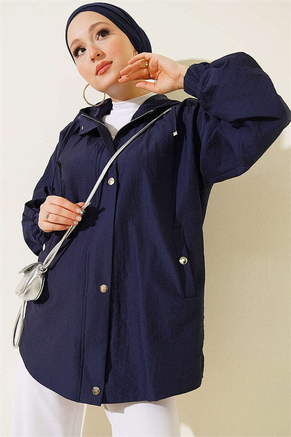 Hooded Jacket with Elasticated Cuffs, Navy Blue