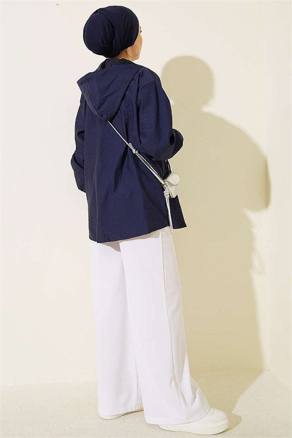Hooded Jacket with Elasticated Cuffs, Navy Blue