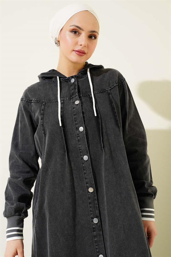 Hooded Buttoned Denim Dress Smoke