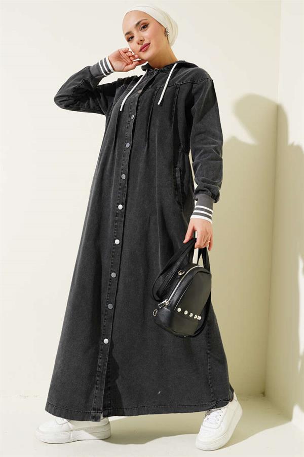 Hooded Buttoned Denim Dress Smoke