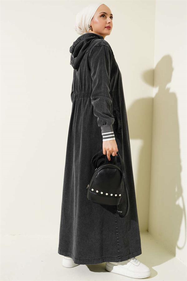 Hooded Buttoned Denim Dress Smoke