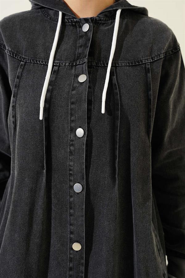 Hooded Buttoned Denim Dress Smoke